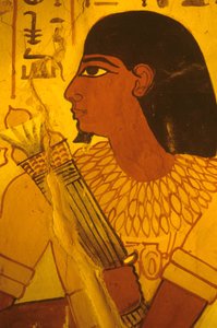 古代エジプト、セヌファーの墓、壁画、フレスコ画、蓮のつぼみを受け取るセヌファー、テーベ市長、アメノフィス2世の監督官 作： Egyptian Egyptian