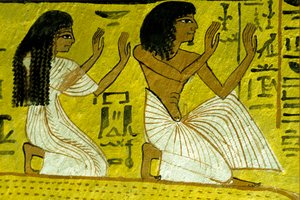 古代エジプト、壁画、神々の前に跪くセネデジェムとその妻、セネデジェムの墓、テーベ、デイル・エル・メディナ 作： Egyptian Egyptian