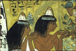 古代エジプト、壁画、ペルセアの木でイシスを礼拝するセネデジェムと妻、セネデジェムの墓、テーベ、デイル・エル・メディナ 作： Egyptian Egyptian
