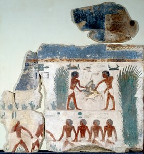 エジプトのアンティーク：夏の始まり。2人の農民によって鳥が殺される。アブ・グロブの太陽神殿に描かれた石灰岩のフレスコ画の詳細。ベルリン、エジプト博物館 作： Egyptian Egyptian