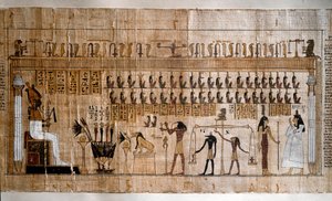 エジプトのアンティキテ：魂の重さ（サイコスタシス）。死者の書のパピルス。トリノ、エジプト博物館-古代エジプト：魂の重さ（サイコスタシス）を測る。死者の書のパピルス。イタリア、トリノ、エジプト博物館