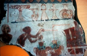 テベス出身の壁画の一部。液体の食品を準備または瓶詰めする行為の2人の男性像を描いています。紀元前1540〜1479年（壁画）