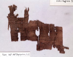 文芸パピルス：ギリシャの哲学者プラトン（-428; -348）の「Phedrus」。ミラノ大学パピルス学研究所