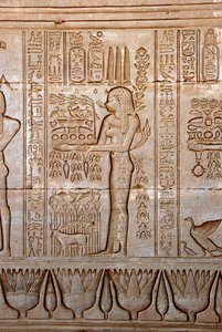 エジプトの古代遺物：女神に捧げる供物を運ぶ若い女性の表現（エジプト、デンデラのハトホル神殿 作： Egyptian Ptolemaic Period