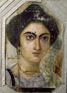 エジプトのアンティーク：女性の葬儀の肖像。木に描かれたもの。2世紀末のもの。エジプトのファユーム（Fayum）から。フィレンツェ、ムゼオ・アルケオロジコ