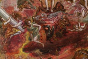 携帯用祭壇: キリスト教徒の騎士の寓意を描いた中央パネル、2384586 の詳細 (パネル上のテンペラ グラッサ) 作： El Greco