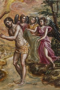 携帯用祭壇: キリストの洗礼を描いた右側のドア パネルの詳細 (パネル上のテンペラ グラス) 作： El Greco