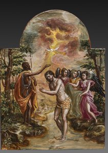 携帯用祭壇: キリストの洗礼を描いた右側のドア パネル、2384586 の詳細 (パネル上のテンペラ グラッサ) 作： El Greco