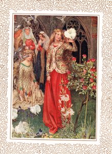黄金時代のグィネヴィアと彼女の女性、アルフレッド・テニスン (1809-92) による「Idylls of the King」のイラスト、Hodder & Stoughton 発行 作： Eleanor Fortescue Brickdale