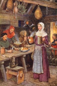 マイケル・フェアレスによる『ブラザー・ヒラリウスの集い』のイラスト（カラーリトグラフ） 作： Eleanor Fortescue Brickdale
