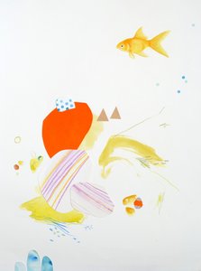 魚のコンポジション》2015年（紙に水彩、コラージュ）