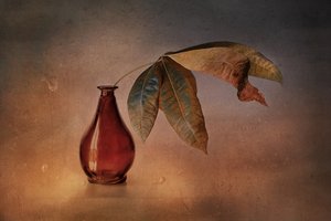 赤い花瓶と秋の葉 作： 