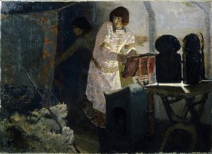 暗殺前のボリス王子 (暗殺前のボリス王子)。 ボリスは、1015年から1019年の間に、異母兄弟の呪われたスヴィアトポルク（980年から1019年）の手下が彼を刺しに来る前に、テントで祈っている従者と一緒に表されています。 小島