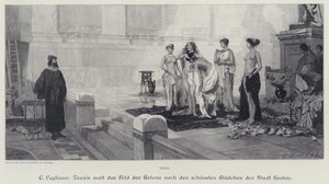 古代ギリシャの芸術家ゼウキシスが、トロイのヘレンを描いた絵のモデルをクロトーネの街の最も美しい女性の中から選んだ（エングレービング