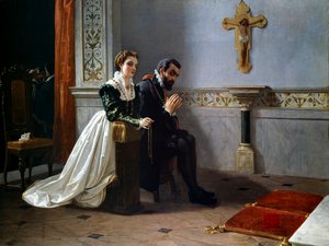 ビアンカ・カッペロとフランソワ1世・デ・メディチ（1541-1587）（フランチェスコ・プリモ1世・デ・メディチ）が十字架の前で祈る姿（油彩・キャンバス 作： Eleuterio Pagliano