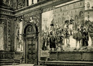 イタリア、マルケ州マチェラータ、エリア・ボンチ（1866-1953）作、バルナービト宮殿の大広間のフレスコ画 作： Elia Bonci