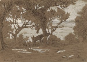 コロニョーラ山 - トラジメーノ湖で放牧されている羊、c. 1878年。 作： Elihu Vedder
