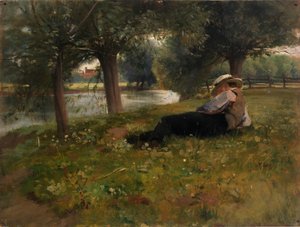 小川のほとりで寝そべる男 作： Eliphalet Fraser Andrews