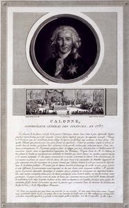 1787年、財政監督官カロンヌ、シャルル・ルヴァシェ（1760-1820年頃）が彫った肖像画、ジャン・デュプレシス＝ベルトー（1747-1819年）が描いた貴族議会の様子、1803年頃（彫刻）。 作： Elisabeth Louise (after) Vigee Lebrun