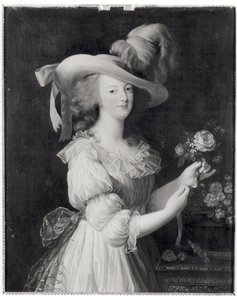 1783年以降のマリーアントワネット（1755-93）の肖像画のコピー（キャンバスに油彩）（白黒写真） 作： Elisabeth Louise (after) Vigee Lebrun