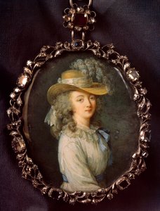 Jeanne Becu, Countess (or Madame) du Barry (1743-1793) の肖像 象牙に描かれた細密画で、Nicolas Lawreince (Le Jeune) (1737-1807) に帰属し、Elisabeth Louise Vigee-Le Brun (1755-1842) が描いたものです。0,16x0,12 m. 作： Elisabeth Louise (after) Vigee Lebrun