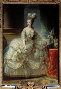 ロレーヌ家のマリー・アントワネットの足元の肖像 ハプスブルク家のフランス王妃（1755～1793年） 大きな宮廷服を着て、手にはバラを持っている マリー・エリザベート・ルイーズ・ヴィジェ・ル・ブラン（またはヴィジェ・ルブラン、またはヴィジェ・ルブラン）（1755～1842年）による絵画 18世紀 日。2,23 x 1,58 m 作： Elisabeth Louise Vigee Lebrun