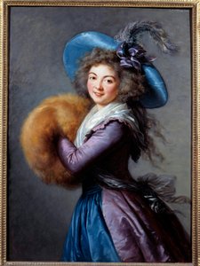 イタリア・コメディの女優、マダム・モール・レイモン（1759-1833）の肖像 羽根付きの帽子をかぶり、袖を通しています。マリー・エリザベート・ルイーズ・ヴィジェ・ル・ブラン（ou Vigee-Lebrun ou Vigee Lebrun）（1755-1842）による絵画 1786年 日。1,04x0,76 m - 肖像 o 作： Elisabeth Louise Vigee Lebrun