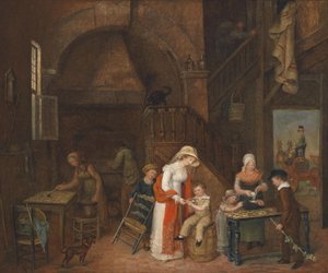 1822 年に M. E. De Latour と記された不明瞭な署名が (テーブルの上に) あるケーキ職人の訪問 作： Elisabeth Marie De Latour
