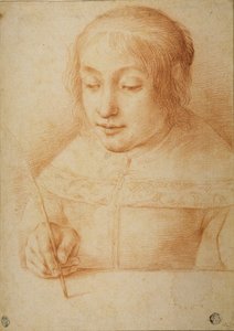 書いたり絵を描いたりする若い女性 作： Elisabetta Sirani