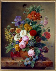 大理石のテーブルの花 エリーゼ ブリュイエール (1776-1842) による絵画 19 世紀 リヨン、美術館 作： Elise Bruyere