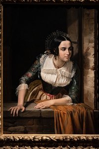 ルチア・モンデラは窓辺で、婚約者が結婚式の日に戻ってくるのを待っています 作： Eliseo Sala