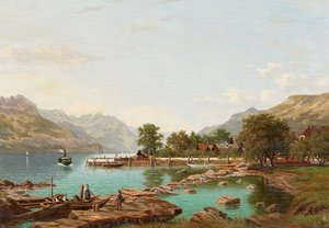 マッジョーレ湖の山のある風景（キャンバスに油彩） 作： Eliza Agnetus Emilius Nijhoff