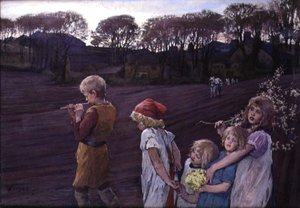 春の寓話「笛吹き男」（油彩・キャンバス） 作： Elizabeth Adela Stanhope Forbes