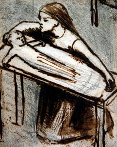 土下座した女の子と赤ちゃん（紙にペンとインク） 作： Elizabeth Eleanor Siddal