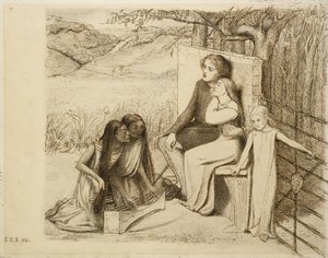 2人の恋人、1854年（オフホワイトの紙にペンと茶色のインク） 作： Elizabeth Eleanor Siddal