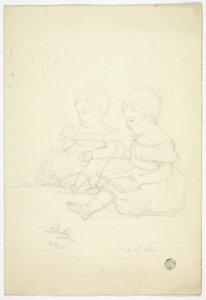 着席した 2 人の女の赤ちゃん (右)、静物画、2 匹の動物 (裏面) 作： Elizabeth Murray