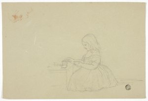 お茶を注ぐ少女と横顔のスケッチ（右）、イタリアの街並みのスケッチ（裏面） 作： Elizabeth Murray