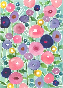 水色の背景に咲くポピー、2018年（水彩画）