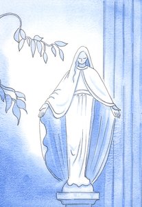 庭の彫像：ここでは、聖母の心のこもった神へのアプローチを見ることができます。彼女はいつも彼に尋ねました：「あなたは私に何をしてほしいですか？」、2002年（紙にw - c） 作： Elizabeth Wang