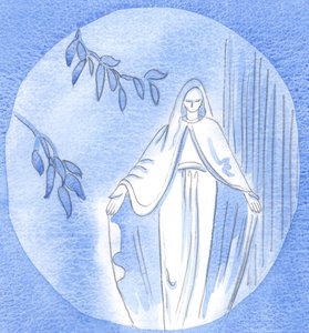 庭の彫像：ここでは、聖母の心のこもった神へのアプローチを見ることができます。彼女はいつも彼に尋ねました：「あなたは私に何をしてほしいですか？」、2002年（紙にw - c） 作： Elizabeth Wang