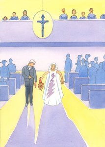 花嫁はドレスに染みが付いているのを見て恐ろしくなります。また、2003年の聖体拝領を受けるために、深刻な罪によって魂に「染み」がつくのを避ける必要があります（紙にw - c）