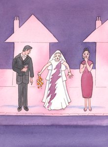 花嫁はドレスに染みが付いているのを見て恐ろしくなります。また、2003年の聖体拝領を受けるために、深刻な罪によって魂に「染み」がつくのを避ける必要があります（紙にw - c） 作： Elizabeth Wang