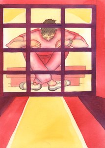 罪に囚われた人は檻の中の囚人のようで、鍵は内側にあります、2004年（紙にw - c） 作： Elizabeth Wang