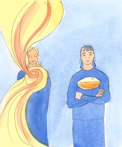 心を開いて祈りながら神に近づき、日常生活の中で神のご意志を受け入れ、魂に水をまき、他の人をリフレッシュするために注ぎ出すために、恵みの激怒を受けた人、2004年（紙にw - c） 作： Elizabeth Wang