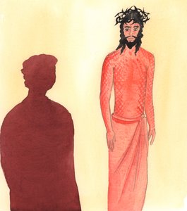 キリストへの愛から、忍耐強く苦痛と屈辱を味わう人は、2001年に私たちのために負傷した彼のようです（紙にw - c） 作： Elizabeth Wang