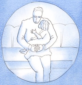 真の瞑想は神の近くにとどまります。父親と一緒の子供が頭を胸に置き、話すためだけに頭を上げているのです。2003年（紙にw - c） 作： Elizabeth Wang