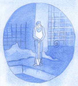 職人は、建築現場の混乱と雑然とした中でシャベルに寄りかかっていますが、彼のすべての労働の理由はまだわかりません。それで、私たちが信仰を貫くのは私たちと一緒です！、2001年（紙にw - c） 作： Elizabeth Wang