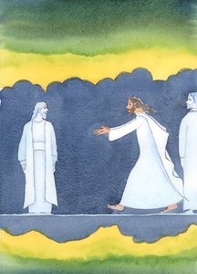 キリストの死後、彼は冥界の多くの聖なる人々を急いで通り過ぎ、彼の国を去るという神の呼びかけに従ったアブラハムに挨拶しました。、2004年（紙にw - c） 作： Elizabeth Wang