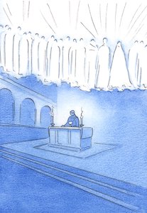 ミサの聖なる犠牲の間に、誠実な祈りを祈るすべての人は、キリストを通して、そして天の聖人たちと一緒に、2002年に祈っています（紙にw - c） 作： Elizabeth Wang