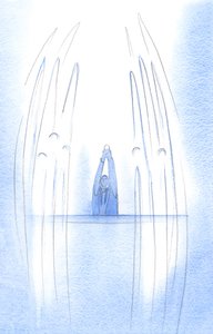 天使たちは、私たちの間で、ホストに隠されたキリストが現れるように、キリストを取り囲んでいます。私たちが提供するそれぞれの信仰の行為は、私たちを天国に近づけます、2002年（紙にw - c） 作： Elizabeth Wang